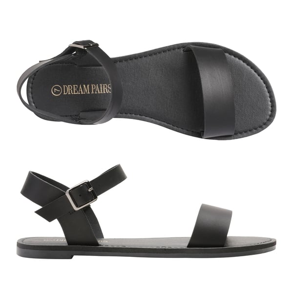 Ankle Strap Open Toe Flat Sandals - ALL BLACK - 2